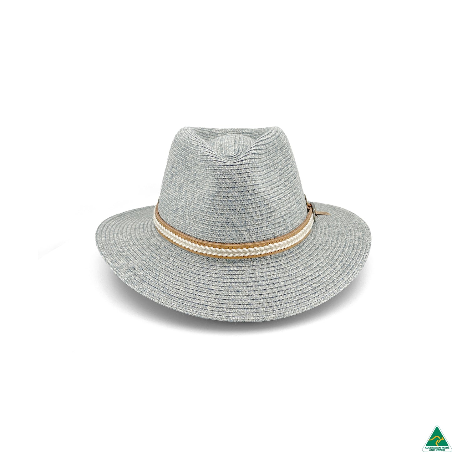 A light gray woven fedora hat with a beige and white braided band around the crown, shown on a plain white background.