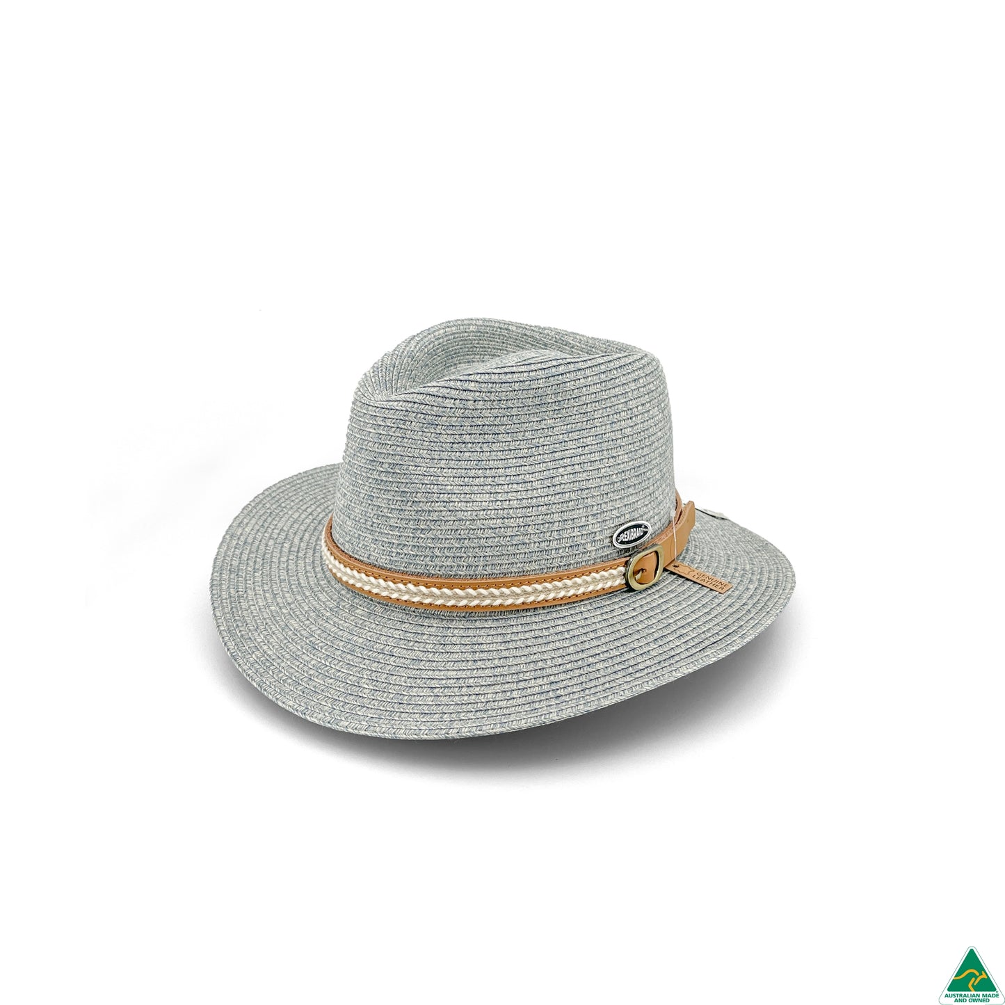 A light gray woven fedora hat with a tan braided band and a small black oval logo patch on the side, shown on a white background.