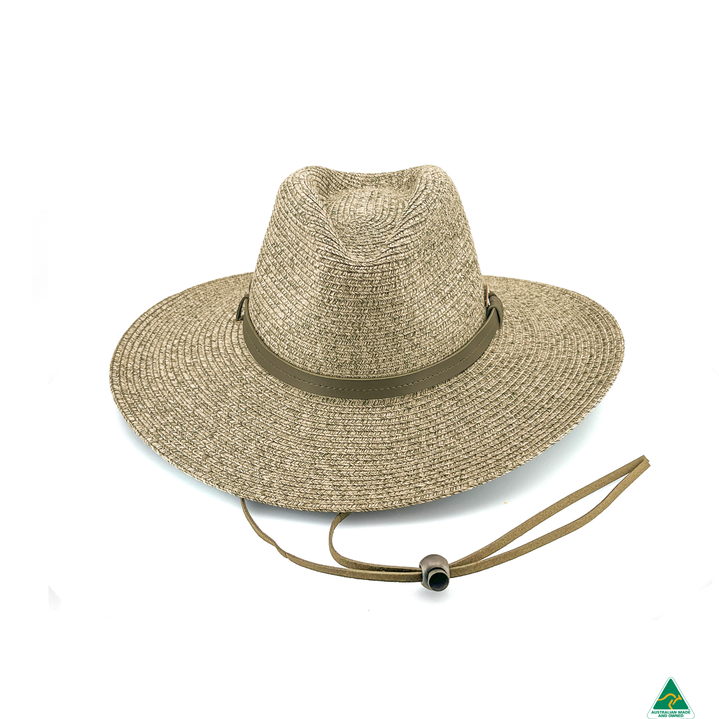 A woven straw safari-style hat in a light tan color, featuring a dark olive green band around the crown and a matching chin strap with a metal toggle, shown on a white background.