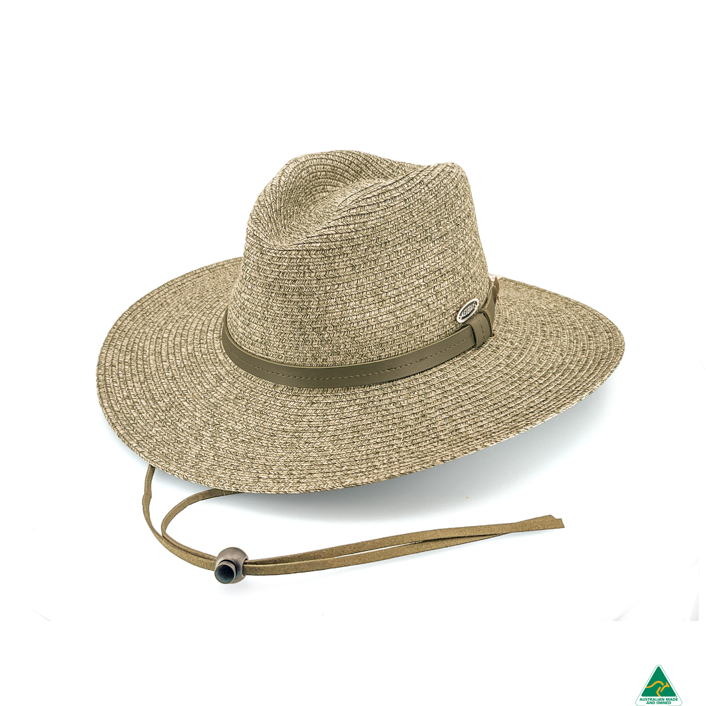 A woven straw cowboy hat in a natural tan color, featuring a dark olive green band with a silver buckle and a matching green chin strap with a metal bead, shown on a white background.