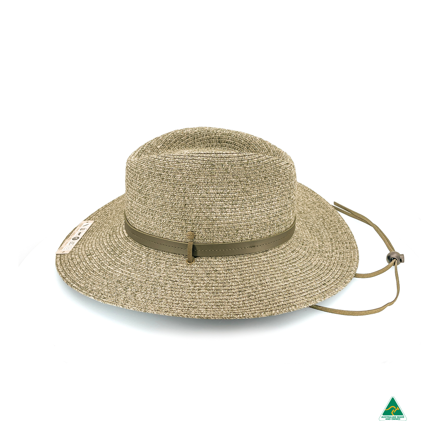 A woven straw sun hat in a natural beige color, featuring a dark olive green band with a small metal ring and a matching chin strap, shown on a white background.